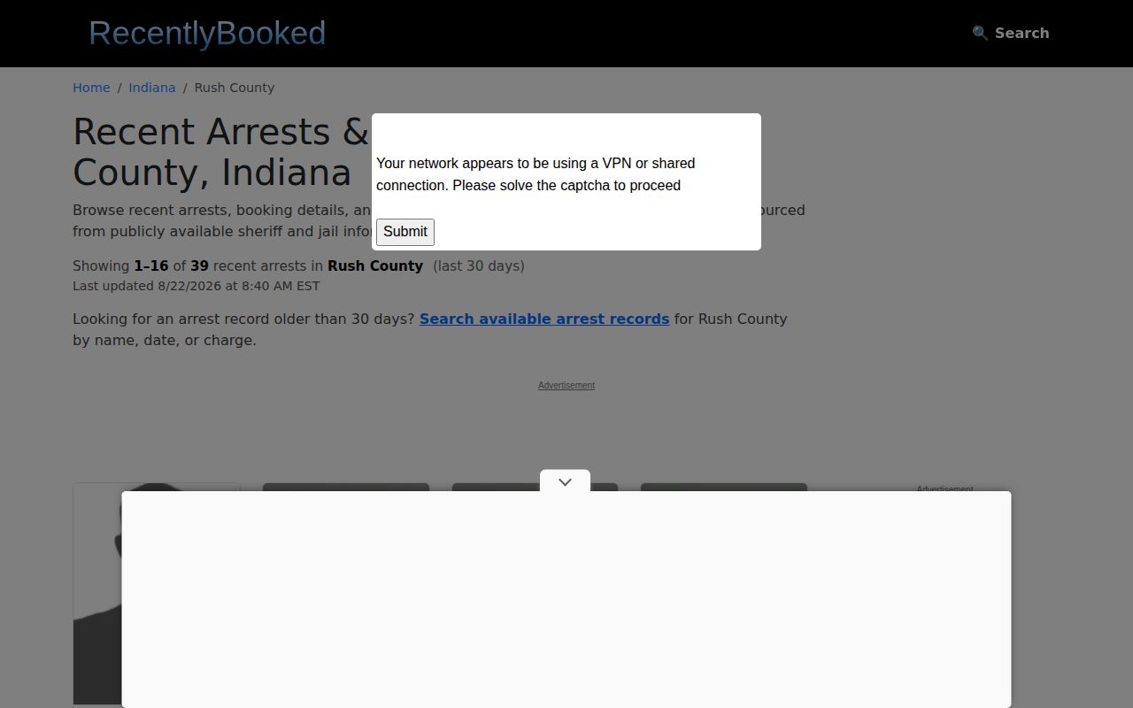Unofficial Recently Booked Rush County 30-day arrest view