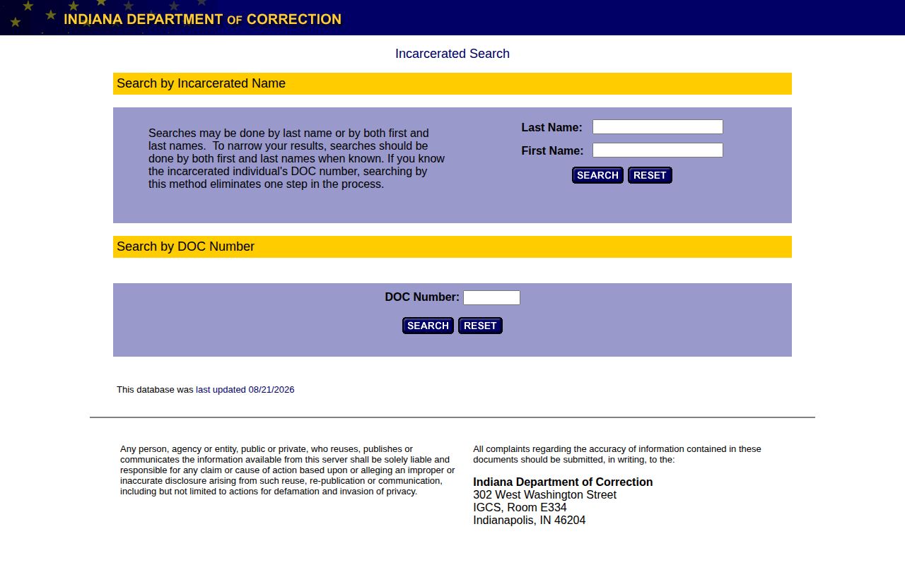 Official IDOC offender locator for Rush County custody records