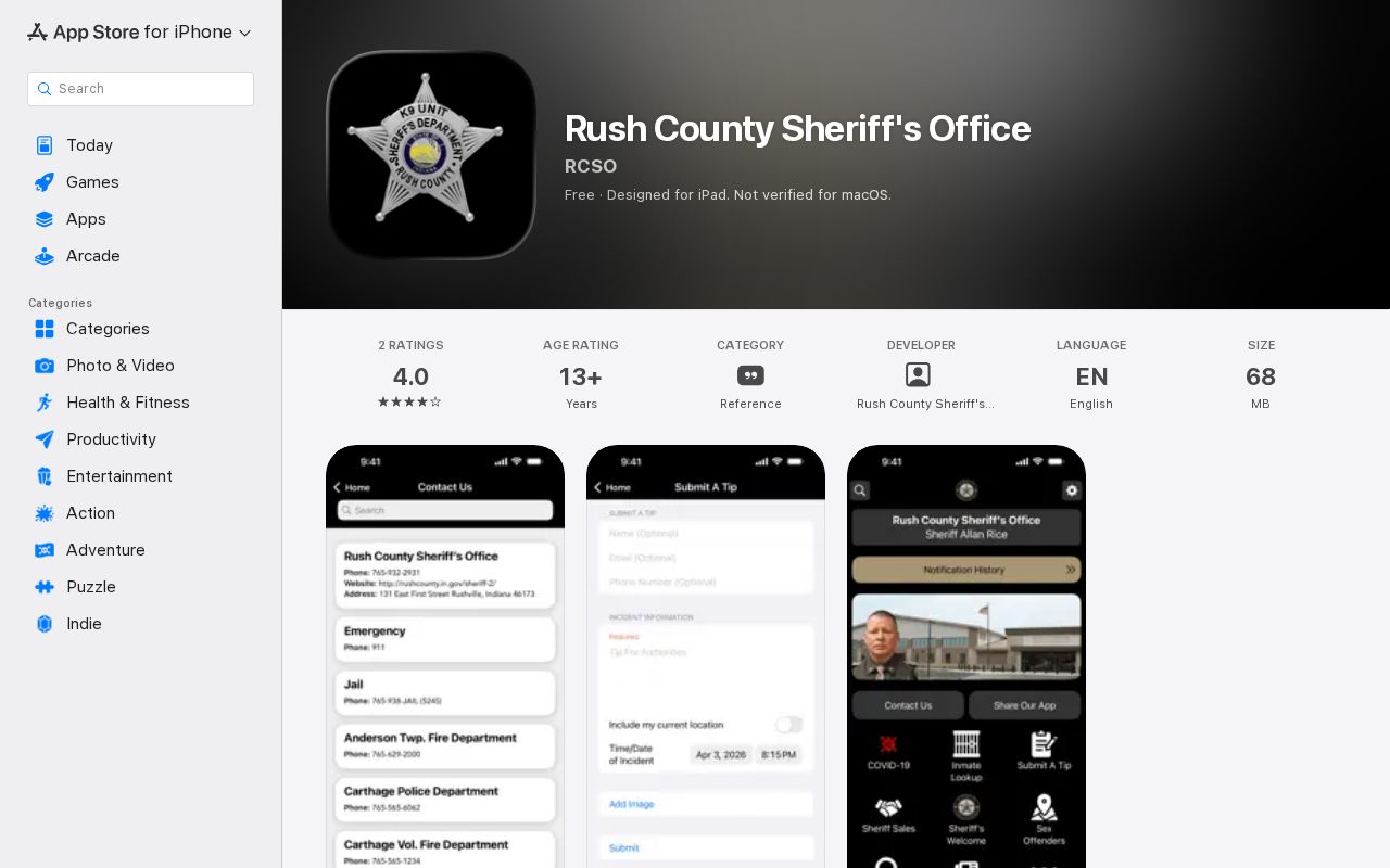 Official Rush County Sheriff app listing for public safety information