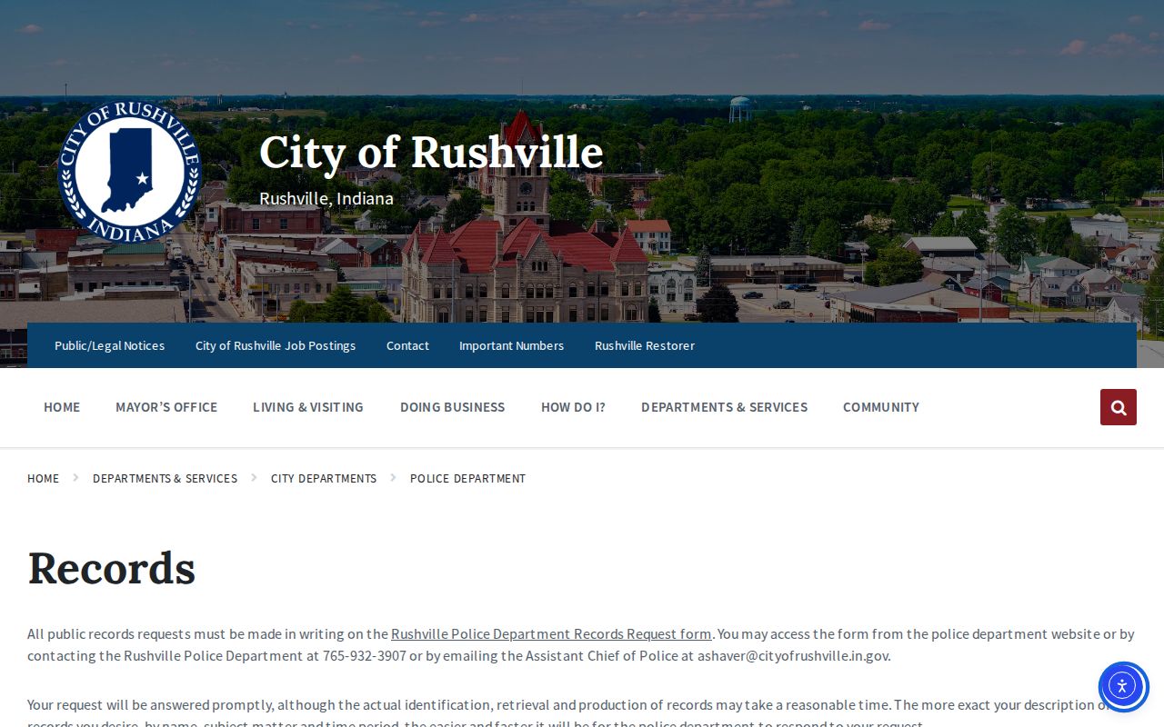 Rushville Police Department official records request page for Rush County arrest records